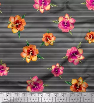 Soimoi Серая японская креп-сатиновая ткань в полоску и с цветочным принтом фрезии, 42 дюйма по метрам 42 Inch Wide - Poly Crepe зелёный