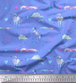 Soimoi синий японский креп-атлас ткань облако и единорог с животным принтом швейная ткань метр 42 дюйма 42 Inch Wide - Poly Crepe синий