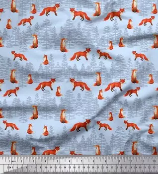 Soimoi синий японский креп-атласная ткань кедровое дерево и лиса животное Декор ткань с принтом метр 42 дюйма 42 Inch Wide - Poly Crepe синий