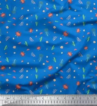 Soimoi синий японский креп-сатин ткань для шитья с крабами и медузами и океанским принтом, метр 42 дюйма 42 Inch Wide - Cotton Voile синий