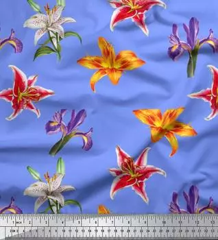 Soimoi синий японский креп-сатин ткань красочные лилии с цветочным принтом швейная ткань метр 42 дюйма 42 Inch Wide - Poly Crepe синий
