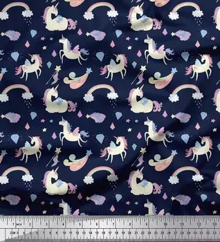 Soimoi синий японский креп-сатин ткань Радуга и Единорог с животным принтом швейная ткань метр 42 дюйма 42 Inch Wide - Poly Crepe синий
