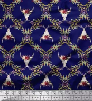 Soimoi синий японский креп-сатин ткань с цветочным принтом и головой коровьего черепа, дамасская декоративная ткань с принтом BTY, 42 дюйма 42 Inch Wide - Cotton Voile синий