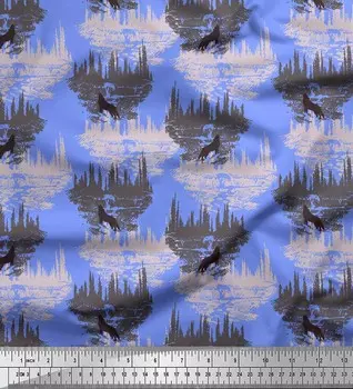 Soimoi синий японский креп-сатин ткань волк и пейзаж природный декор ткань с принтом метр 42 дюйма 42 Inch Wide - Poly Crepe синий