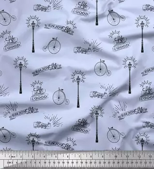 Soimoi синий японский креп-сатин уличный фонарь и винтажный цикличный текстовый принт швейная ткань метр 42 дюйма 42 Inch Wide - Poly Crepe синий