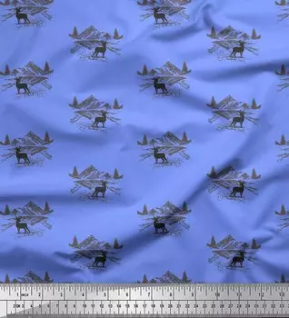 Soimoi Синий Япония Креп Атлас Ткань Пейзаж и Северный Олень Животный Декор Ткань Печатный метр 42 дюйма 42 Inch Wide - Cotton Voile синий