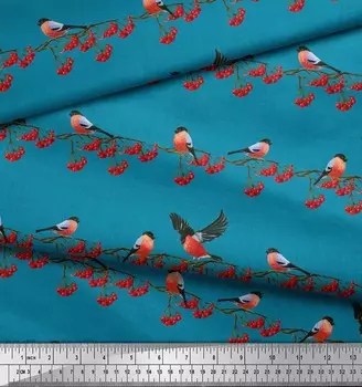 Soimoi синяя японская креп-атласная ткань с принтом красных ягод и птиц в виде снегирей на метр 42 дюйма 42 Inch Wide - Poly Crepe синий