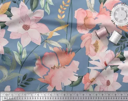 Soimoi Синяя японская креп-сатиновая ткань с листьями и цветочным принтом магнолии по метрам 42 дюйма 42 Inch Wide - Poly Crepe синий