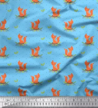 Soimoi Синяя японская креп-сатиновая ткань с рисунком лисы и точек, напечатанная на метре 42 дюйма 42 Inch Wide - Poly Crepe синий