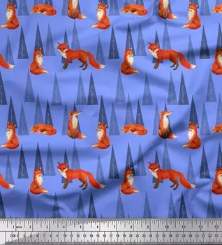 Синяя японская креп-сатиновая ткань Soimoi, ткань с художественным принтом дерева и волка и животных, 42 дюйма по метрам 42 Inch Wide - Poly Crepe зелёный