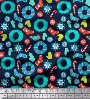 Soimoi Синяя японская креп-сатиновая ткань со снежинками и венками, рождественский принт, ткань по метрам, 42 дюйма 42 Inch Wide - Poly Crepe синий