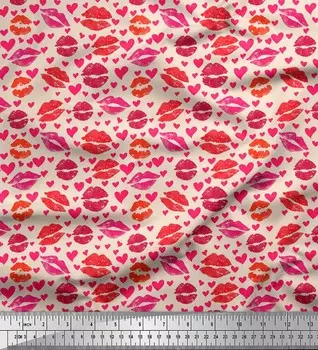 Soimoi White Japan Crepe Satin Fabric Heart & Lips Женская ткань с принтом на метр 42 дюйма 42 Inch Wide - Poly Crepe белый