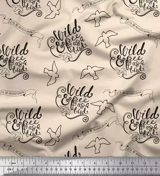 Soimoi White Japan Crepe Satin Fabric Text & Bird Tribal Print Fabric на метр 42 дюйма 42 Inch Wide - Cotton Voile белый