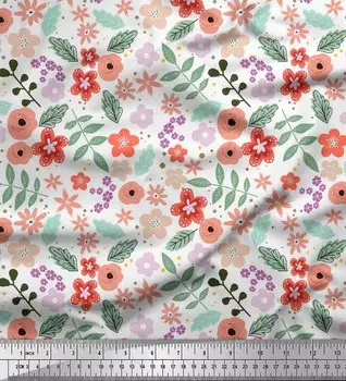 Soimoi White Japan Crepe Satin Ткань с листьями и цветочным принтом мака на метр 42 дюйма 42 Inch Wide - Poly Crepe белый