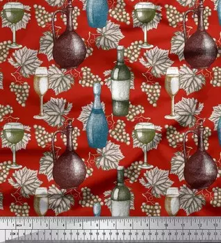 Soimoi Япония креп атласная ткань бутылка вина, листья и виноград фрукты принт швейная ткань метр 42 дюйма 42 Inch Wide - Poly Crepe синий