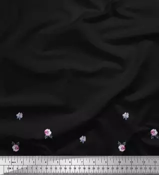 Soimoi Япония креп атласная ткань листья и цветы анемоны декоративная панель ткань с принтом метр 42 дюйма 42 Inch Wide - Poly Crepe чёрный