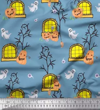 Soimoi Япония креп-сатин ткань Дом с привидениями, тыква и призрак Хэллоуин ткань с принтом 1 метр 42 дюйма 42 Inch Wide - Poly Crepe синий