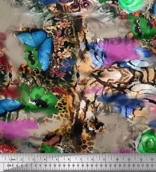 Soimoi Японский креп-сатин, кожа животного и цветочный акварельный принт, швейная ткань, метр 42 дюйма 42 Inch Wide - Poly Crepe бежевый