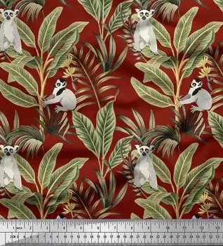 Soimoi Японский креп-сатин Ткань с принтом листьев и животных лемура 1 метр 42 дюйма 42 Inch Wide - Poly Crepe розовый