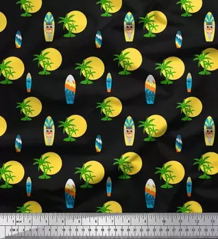 Soimoi Японский креп-сатин Ткань с принтом черепа, солнца и пальмы, 1 метр 42 дюйма 42 Inch Wide - Poly Crepe чёрный