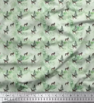 Soimoi Зеленая поли креповая ткань с рисунком дерева и животных на ткани по метру 42 дюйма 42 Inch Wide - Poly Crepe зелёный