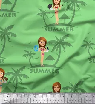 Soimoi Зеленая японская креп-сатиновая ткань для шляп, пальм и пляжной одежды для девочек, летние дизайны, напечатанная ткань для рукоделия на метры 42 дюйма 42 Inch Wide - Poly Crepe зелёный