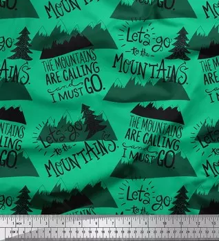 Soimoi Зеленая японская креп-сатиновая ткань с горами и текстовым принтом, ткань для рукоделия шириной 42 дюйма по метрам 42 Inch Wide - Poly Crepe зелёный