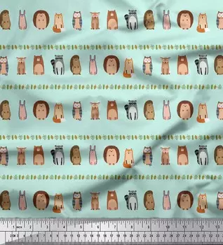 Soimoi Зеленая японская креп-сатиновая ткань с животными и листьями, племенная ткань с принтом по метрам, 42 дюйма 42 Inch Wide - Cotton Voile зелёный