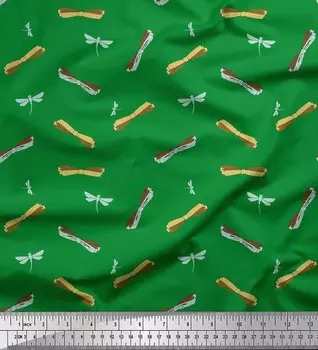 Soimoi Зеленая японская креп-сатиновая ткань с бантом и стрекозой, декор насекомых, ткань с принтом, метр 42 дюйма 42 Inch Wide - Japan Crepe Satin зелёный