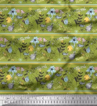 Soimoi Зеленая японская креп-сатиновая ткань с листьями и георгином с художественным принтом, 42 дюйма по метрам 42 Inch Wide - Poly Crepe зелёный