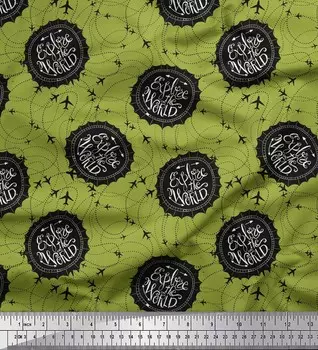 Soimoi Зеленая японская креп-сатиновая ткань с текстовым принтом и принтом для путешествий в самолетах, 42 дюйма по метрам 42 Inch Wide - Poly Crepe зелёный