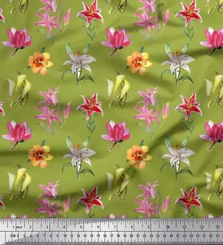 Soimoi зеленый японский креп-атласная ткань с цветочным принтом лилии и лотоса, швейная ткань, метр 42 дюйма 42 Inch Wide - Cotton Voile зелёный