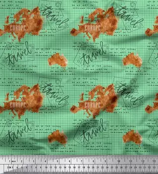 Soimoi зеленый японский креп-сатин ткань с текстом и картой Европы, дорожный декор, ткань с принтом, метр, 42 дюйма 42 Inch Wide - Poly Crepe зелёный