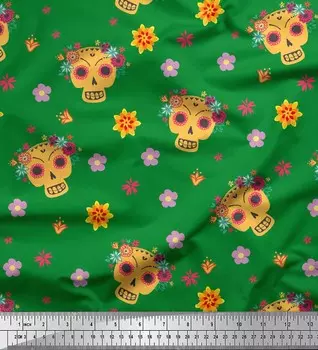 Soimoi зеленый японский креп-сатин ткань с цветочным и этническим декором черепа ткань с принтом метр 42 дюйма 42 Inch Wide - Poly Crepe зелёный