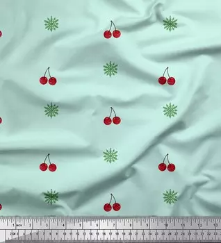 Soimoi зеленый японский креп-сатин ткань снежинки и фрукты вишни Декор ткань с принтом метр 42 дюйма 42 Inch Wide - Poly Crepe зелёный