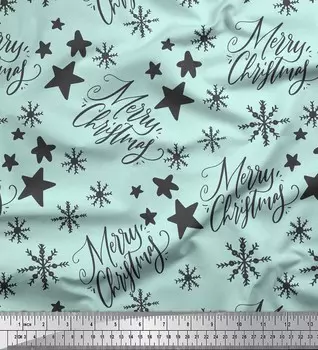 Soimoi зеленый японский креп-сатин ткань со звездами и снежинками, текстовый принт, швейная ткань, метр 42 дюйма 42 Inch Wide - Poly Crepe зелёный