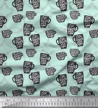 Soimoi зеленый японский креп-сатин, жизнь начинается после кофе, текстовый декор, ткань с принтом, метр, 42 дюйма 42 Inch Wide - Poly Crepe зелёный