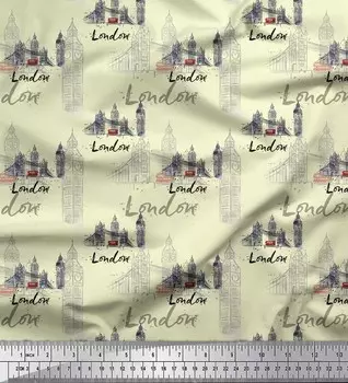 Soimoi Желтый Япония Креп Атласная Ткань Лондон Тема Архитектурный Принт Ткань Метр 42 Дюйма 42 Inch Wide - Cotton Voile жёлтый