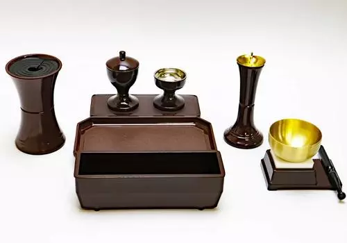 Soka Gakkai Victory 8 piece set of Buddhist altar fittings dark oak color