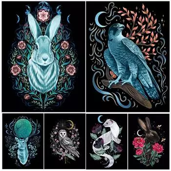 Сокол, кролик, лось, сова, белка, загадочные волшебные существа и луна, холст, настенное искусство, волшебный плакат с элементами животных 21cm30cm NoFrame