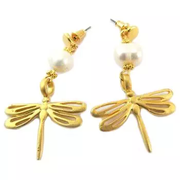 Сокровища Лили [P6913] - Серьги ручной работы Cleopatra Золотая слоновая кость (стрекоза) - 50x30 мм