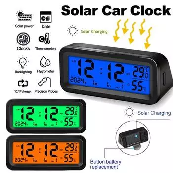 Solar Car Digital Clock Date Week Temperature Humidity LCD Backlit Display for Dashboard Car Clock Automobiles Internal Stick-On Blue-orange backlight