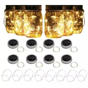 Solar Mason Jar Lights with 8 Handles 10 Led String Lights Fairy Solar Lights Lids Jar Decoration Garden Party Christmas Decor