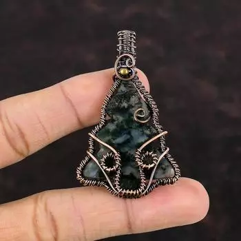 Solar Moss Agate Copper Pendant Wire Wrapped Pendant Gemstone Copper Jewelry Christmas Tree Pendant Gift For Mom Handmade Wire Wrap Jewelry
