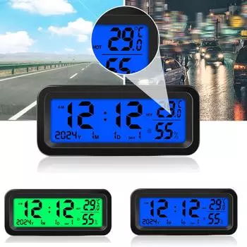 Solar Power Car Clocks LCD Digital Thermometer Humidity Temperature Sensor with Backlight Luminous Automobiles Internal Stick-On