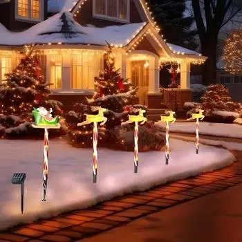 Solar Powered Christmas Santa Sleigh and Reindeer Lawn Stake Decoration Set Oudoor Festive LED Lights Garden Decor 810 5pcs in one теплый белый