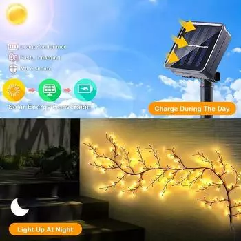 Solar Powered Christmas Tree Vine Lights 72 LED Flexible DIY Decor for Holidays Parties 8 Modes Perfect for Patio Gazebo Cafe