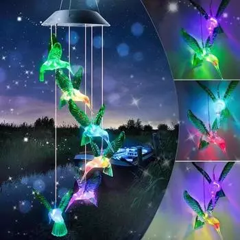 Solar Powered Christmas Wind Chime Light Hummingbird Color Changing Night Light Outdoor Garden Yard Patio Decor Hanging Lamp