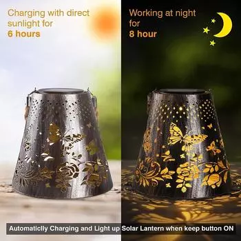 Solar Powered LED Hanging Lantern Butterfly Flower Projection Lamp for Outdoor Lighting Garden Decoration Rechargeable Sunlight теплый белый