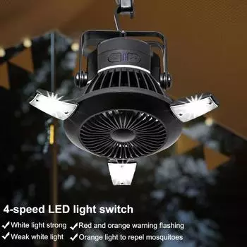 Solar Powered Portable Wireless Fan Personal Desk Fan USB Rechargeable Hanging Fan with LED Lantern for Outdoor Travel Hiking чёрный